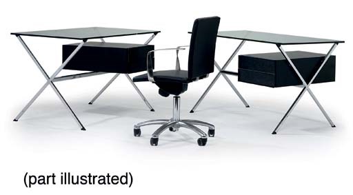 A PAIR OF CHROME, GLASS AND EBONISED WOOD DESKS