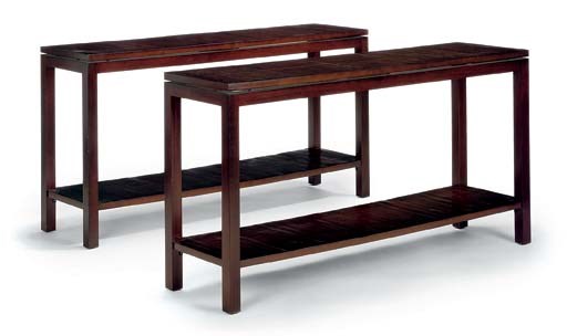 A PAIR OF BAMBOO VENEERED AND MAHOGANY TWO-TIER SIDE TABLES