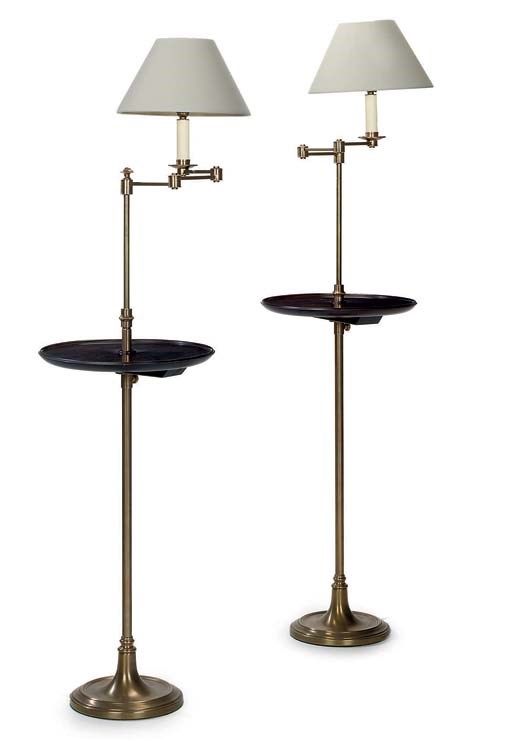 A PAIR OF BRASS AND MAHOGANY ADJUSTABLE STANDARD LAMPS