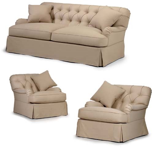 A CAMEL-COLOURED WOOL-UPHOLSTERED BUTTON BACK TWO-SEAT SOFA AND A PAIR OF EASY ARMCHAIRS