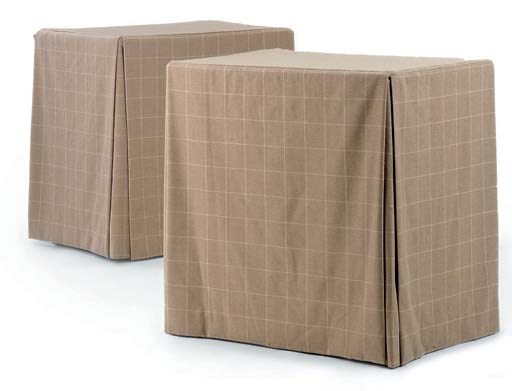 A PAIR OF CHECK-PATTERNED CAMEL-COLOURED WOOL COVERED OCCASIONAL TABLES