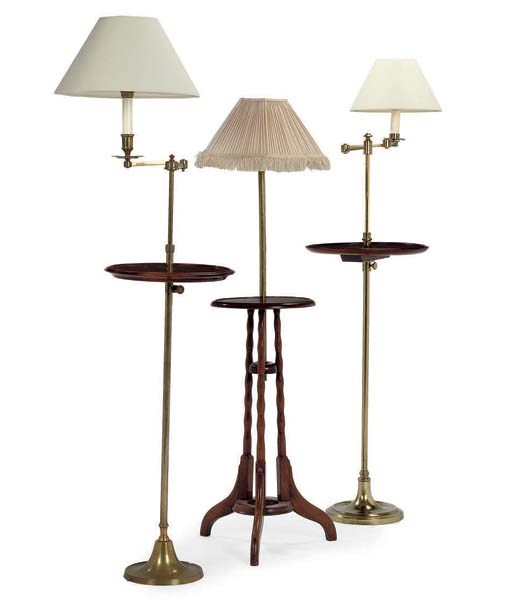 TWO SIMILAR BRASS AND MAHOGANY ADJUSTABLE STANDARD LAMPS