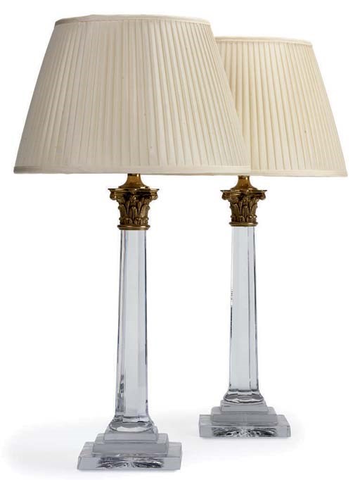 A PAIR OF BRASS-MOUNTED GLASS CORINTHIAN COLUMN TABLE LAMPS