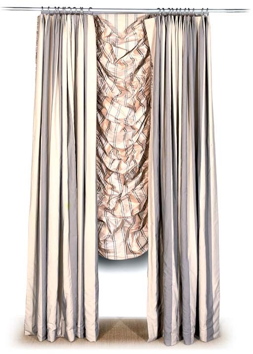A PAIR OF LARGE CREAM AND GREY STRIPED COTTON CURTAINS