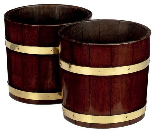 A PAIR OF COOPERED-BRASS AND MAHOGANY BUCKETS