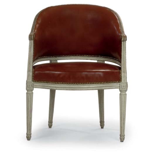 A LOUIS XVI WHITE-PAINTED BEECH AND CLOSE-NAILED BROWN LEATER-UPHOLSTERED FAUTEUIL DE BUREAU