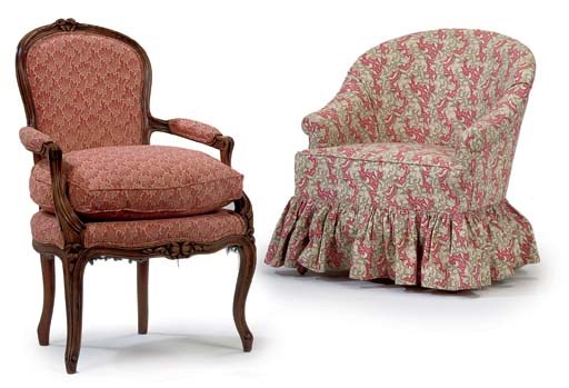 A FRENCH PROVINCIAL BEECH FAUTEUIL AND A FLORAL COTTON-UPHOLSTERED TUB ARMCHAIR