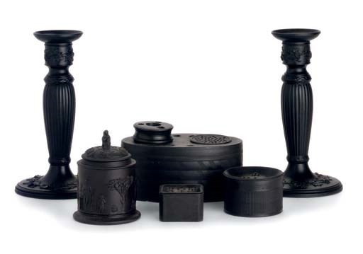 A GROUP OF WEDGWOOD BLACK BASALT DESK WARES