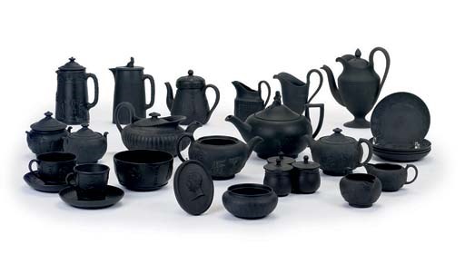 A GROUP OF WEDGWOOD BLACK BASALT TEAWARES