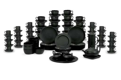 A WEDGWOOD BLACK BASALT COMPOSITE PART TABLE-SERVICE