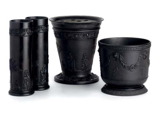 FOUR VARIOUS WEDGEWOOD BLACK BASALT VASES