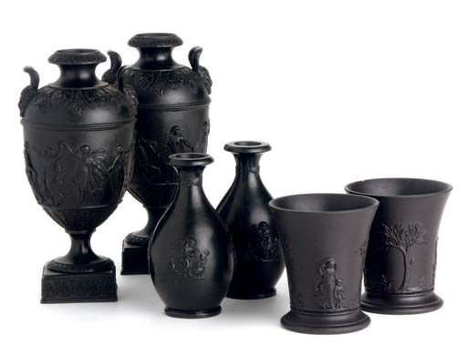 THREE PAIRS OF WEDGWOOD BLACK BASALT VASES