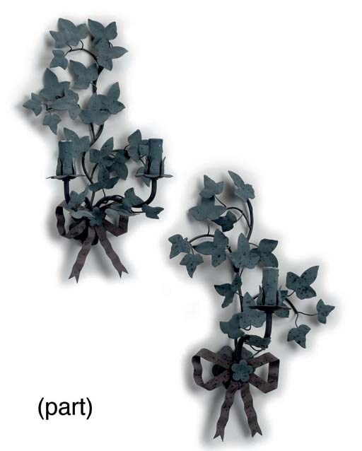 A SET OF FIVE TWIN-BRANCH AND A SET OF FIVE SINGLE-BRANCH PAINTED WROUGHT-IRON WALL LIGHTS
