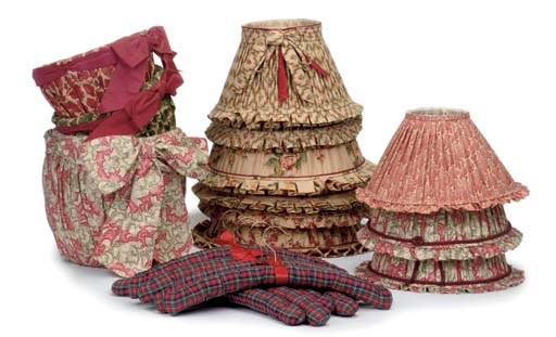 NINE FLORAL-COTTON LAMPSHADES, THREE FLORAL-COTTON WASTE-BASKETS AND EIGHT TARTAN-COTTON COAT HANGERS