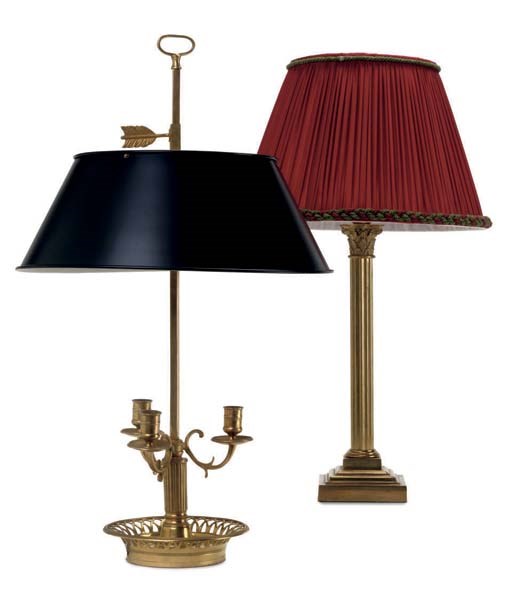 A BRASS CORINTHIAN COLUMN TABLE LAMP AND AN EMPIRE STYLE BRASS LAMP BOUILLOTE