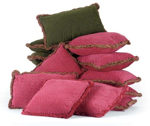 NINE RED AND THREE GREEN CHENILLE UPHOLSTERED CUSHIONS
