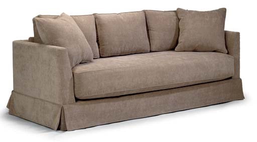 A CAMEL-COLOURED CHENILLE-UPHOLSTERED SOFA