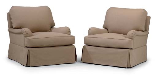 A PAIR OF CAMEL-COLOURED WOOL-UPHOLSTERED EASY ARMCHAIRS