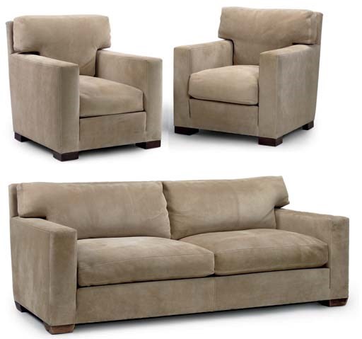 A CAMEL-COLOURED SUEDE-UPHOLSTERED SOFA AND A PAIR OF MATCHING EASY ARMCHAIRS