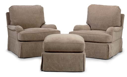 A PAIR OF CAMEL-COLOURED CHENILLE-UPHOLSTERED EASY ARMCHAIRS AND ONE FOOTSTOOL