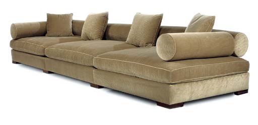 A LARGE GREY-COLOURED STRIPED VELVET THREE-SEAT SOFA