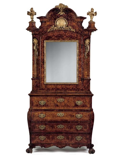 A DANISH BURR WALNUT FIGURED WALNUT AND PARCEL-GILT SECRETAIRE CABINET