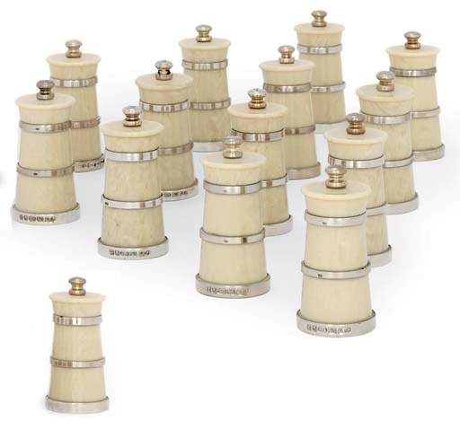 A SET OF FOURTEEN SILVER-MOUNTED SIMULATED IVORY PEPPER-GRINDERS