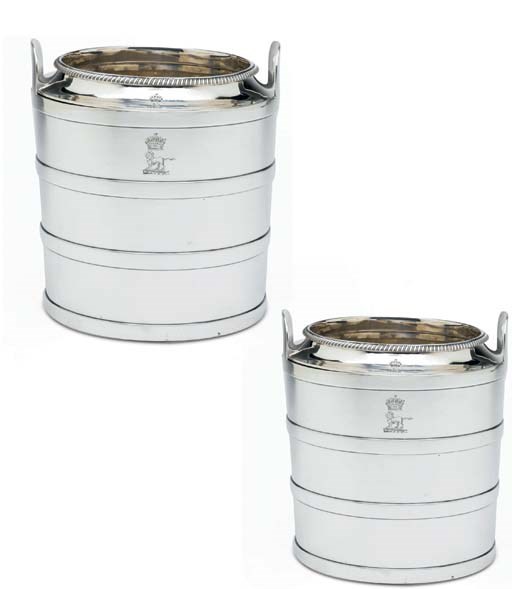 A PAIR OF GEORGE III SILVER WINE-COOLERS AND COLLARS