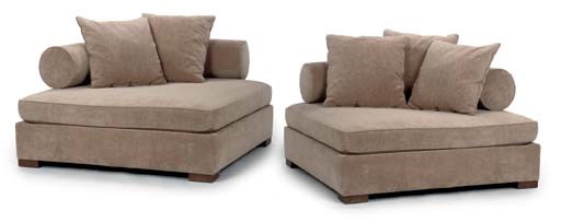 A PAIR OF CAMEL-COLOURED CHENILLE-UPHOLSTERED SQUARE LOW SOFAS