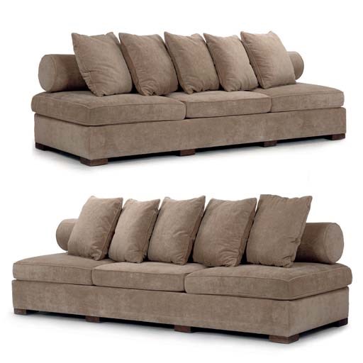 A PAIR OF CAMEL-COLOURED CHENILLE-UPHOLSTERED THREE-SEAT LOW SOFAS