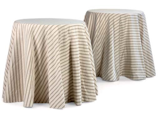 A PAIR OF STRIPED-PATTERN CREAM-COLOURED CIRCULAR OCCASIONAL TABLES