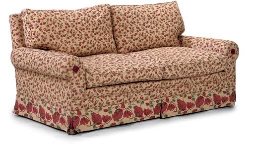 A RED AND YELLOW FLORAL COTTON UPHOLSTERED TWO SEAT SOFA