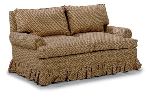 A RED AND YELLOW FLORAL COTTON UPHOLSTED TWO SEAT SOFA