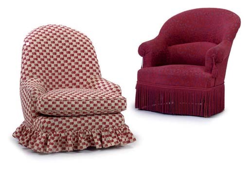 A RED FLORAL CHENILLE-UPHOLSTERED BEECH TUB ARMCHAIR AND A RED AND WHITE GEOMETRIC COTTON-UPHOLSTERED TUB LOW CHAIR