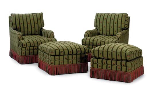 A PAIR OF GREEN-STRIPED AND RED-FLORAL COTTON EASY ARMCHAIRS AND A PAIR OF MATCHING FOOTSTOOLS