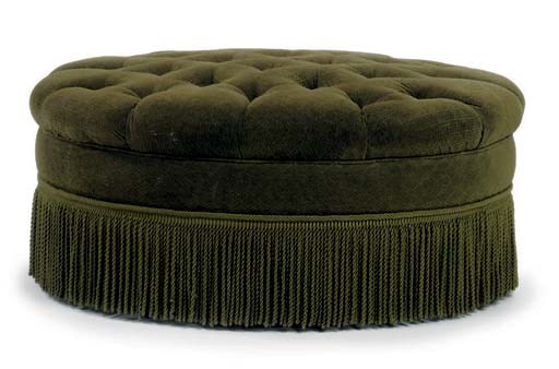 A BUTTONED GREEN CHENILLE-UPHOLSTERED CIRCULAR STOOL