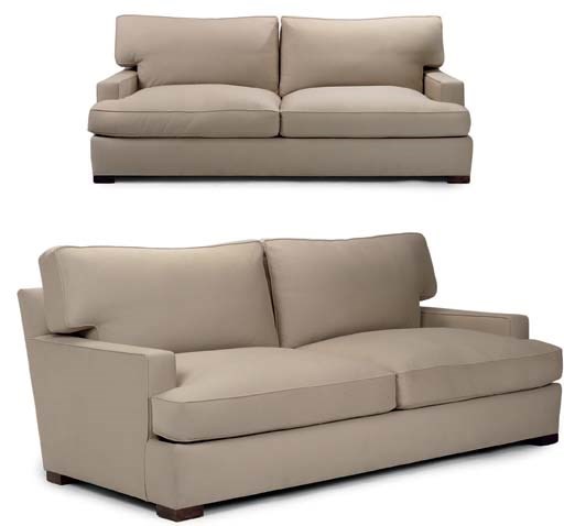 A PAIR OF CAMEL-COLOURED WOOL-UPHOLSTERED TWO-SEAT SOFAS
