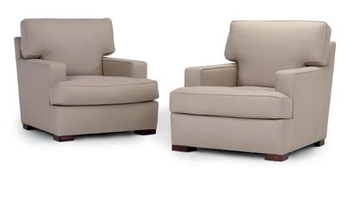 A PAIR OF CAMEL-COLOURED WOOL-UPHOLSTERED EASY ARMCHAIRS