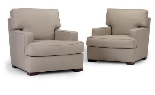 A PAIR OF CAMEL-COLOURED WOOL-UPHOLSTERED EASY ARMCHAIRS