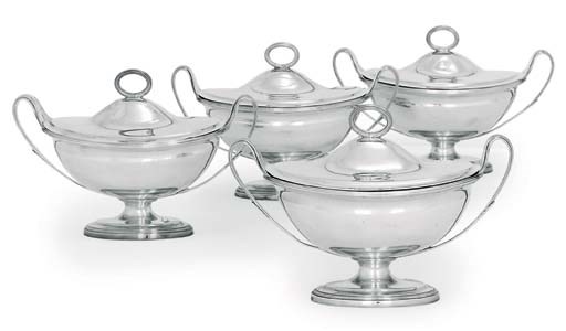 A SET OF FOUR GEORGE III SILVER SAUCE TUREENS AND COVERS