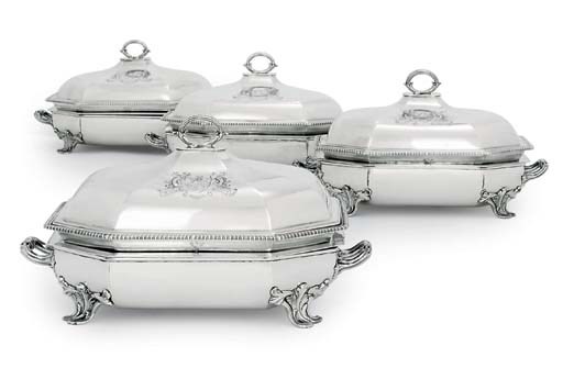 A SET OF FOUR GEORGE III SILVER ENTRÉE-DISHES AND COVERS WITH OLD SHEFFIELD PLATED STANDS
