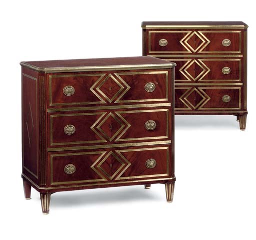 A PAIR OF RUSSIAN NEO-CLASSICAL BRASS-MOUNTED MAHOGANY CHESTS