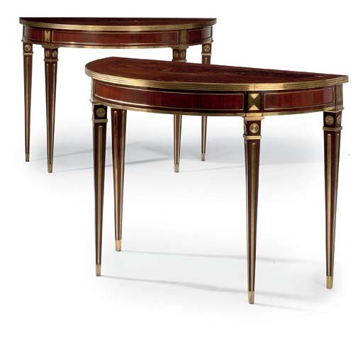 A PAIR OF RUSSIAN BRASS-MOUNTED MAHOGANY DEMI-LUNE SIDE TABLES
