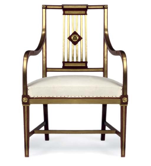 A RUSSIAN BRASS-MOUNTED STAINED MAHOGANY ARMCHAIR