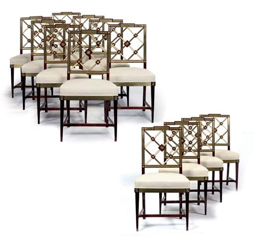 A SET OF TWELVE RUSSIAN BRASS-MOUNTED STAINED MAHOGANY DINING CHAIRS