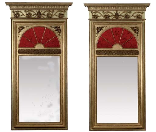 A PAIR OF SWEDISH GILTWOOD AND RED-GLASS MIRRORS