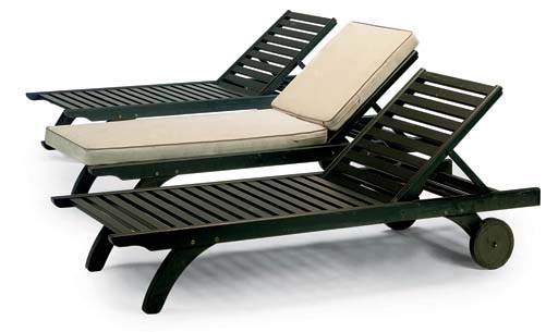 THREE GREEN PAINTED TEAK 'CAMARAT' CHAISE LONGUES