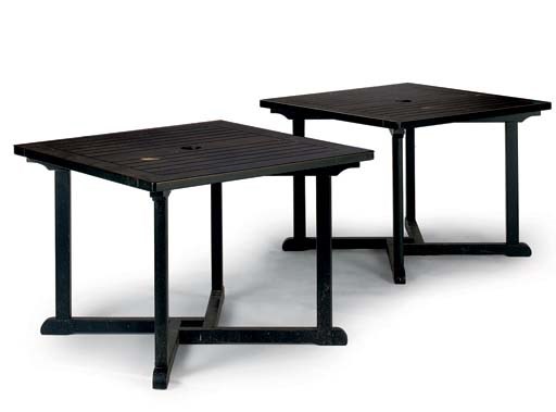 A PAIR OF GREEN PAINTED TEAK GARDEN TABLES