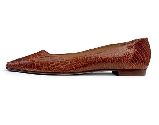 A PAIR OF CARAMEL CROCODILE FLATS