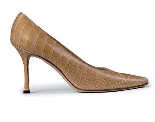A PAIR OF BEIGE CROCODILE STILETTOS